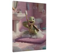 Cute Turtle Bath Canvas Wall Art, Green Peach Bubble Decor, Fun Bathroom Aesthetic Print for Kids Room, Playroom, Wrapped Canvas 12x16 Inch