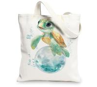 Cute Turtle Canvas Tote Bags, Ocean Animal Print Reusable Shopping Bags, Fun Playful Lightweight Washable Shoulder Strap Canvas Bags for Gym Outdoor Travel Beach Picnic 13x15 Inch