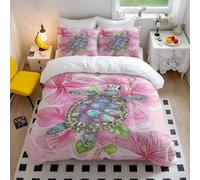 Cute Turtle Duvet Cover Watercolor Sea Turtle Bedding Set with Pink Hibiscus, Coastal Bedding, Hand Painted Turtle for Girls Decor Home (style3,Single135x200cm+65x65cm*2)