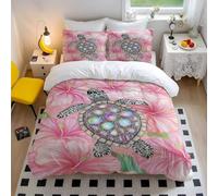 Cute Turtle Duvet Cover Watercolor Sea Turtle Bedding Set with Pink Hibiscus, Coastal Bedding, Hand Painted Turtle for Girls Decor Home (style2,Single135x200cm+50x75cm*2)