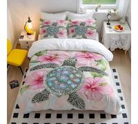 Cute Turtle Duvet Cover Watercolor Sea Turtle Bedding Set with Pink Hibiscus, Coastal Bedding, Hand Painted Turtle for Girls Decor Home (style5,Single135x200cm+65x65cm*2)