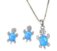 Cute Turtle Jewellery Set - Pendant & Matching Earrings - Blue Opalite Clear Crystal Rhinestones With Jewellery Gift Box (blue)