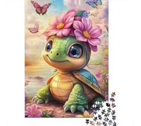 Cute Turtle with Flower Crown 1000 Piece Jigsaw Puzzle Paper for Adults Spring Butterfly Scene Relaxing Gift for Home 38x26cm/1000pcs