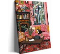 Cute Tuxedo Cat Wall Art Funny Matisse Impressionist Black Cat Wall Decor Painting, Whimsical Pet Animal Pink Room Poster Canvas Prints Picture for Bedroom Living Room 12x16 inch Framed