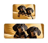 Cute Two Dachshund Dog Kitchen Mat Set of 2, Flannel Non-Slip Absorbent Runner Comfort Standing Mats, Washable Kitchen Rugs for Floor Sink Laundry Entryway, 16x24 + 17x47 Inch