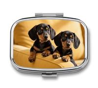 Cute Two Dachshund Dog pilldispenser with Mirror 2 Compartments Waterproof PillCase for Purse Pocket Non-Slip Grip Travel Medicine Organizer Container Box for Vitamin Fish Oil Supplement