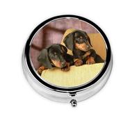 Cute Two Dachshund Dog Print Round Pill Organizer 3 Compartment Pill Box Portable Medicine Pill Case for Outdoor Travel