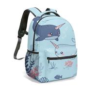Cute Two Narwhals Undersea World 42cm Rucksack for Kids Ocean Seaweed Coral Backpack 360 Full Print (04)