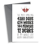 Cute Typography Anniversary Card - 12 Years - The Most Amazing 4380 Days, 624 Weeks, 144 Months, 12 Years Of My Whole Life