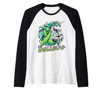 Cute Unicorn Kidney Disease Green Ribbon Cancer Awareness Raglan Baseball Tee