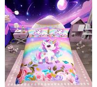 Cute Unicorn Kids Duvet Cover Single Size,Rainbow Starry Sky Roses Dreamy Bedding Set,Girls Women Room Decor,Cartoon Animals Flowers Comforter Cover,Pink Purple Unique Quilt Cover,1 Pillowcase
