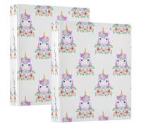 Cute Unicorns Flowers White 3 Rings Binders 1-1/2 Inch, Basic Binder Notebook Holds 200 Sheets Decorative Cute Binder for School Office Home, 2 Pack