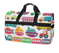 Cute Vector Collection of Transportation Vehicles Travel Duffel Bag for Men Women Boys Girls Teens,Oversized Sports Gym Bag with Shoes Compartment Overnight Weekend Yoga Workout Bag Training Handbag