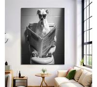 Cute Wall Art Poster Toilet Boxer Dog, Grey Print Canvas Picture for Home Decor 40x50cm Unframed, for Bathroom Living Room Office Yoga Spa Meditation Room