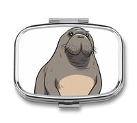 Cute Walrus Pill Box - 2 Compartment Travel Pill Organizer with Small Mirror, Portable Pillcase for Pocket & Purse, Cute Square Medicine Case, Weekly Medicine Container
