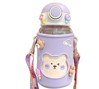 Cute Water Bottle with Straw and Stickers Bear Bottle Plastic Bear Water Cup Cute Water Bottle for School Daily Travel Sport Outdoor Purple