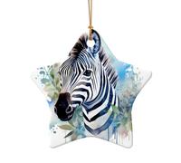 Cute Watercolor Animal Zebra Ceramic Christmas Tree Ornament, Double-Sided Printed Star Shape Porcelain Hanging Decoration, Elegant Holiday Keepsake for Xmas Tree Home Office Gift Exchange