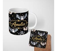 Cute Watercolor Bats and Ceramic Mug Large Handle Personalised Custom Name | 11oz Printed Design, Multiple Options, Everyday Drinkware, Vibrant Colour Print, Gift