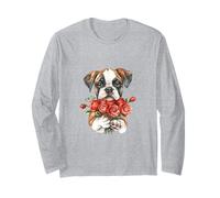 Cute Watercolor Boxer Puppy Holding Red Roses Dog Art Long Sleeve T-Shirt