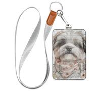 Cute Watercolor Dog Face Floral Leather Name Badge Holder with Lanyard and 3-Card Capacity id Card Holder for Staffs Officers Students Doctors Employees