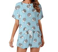 Cute Watercolor Hedgehogs Blue Fantasy Pajama Sets for Women Short Sleeve Shirt And Shorts Cozy Sleepwear Loungewear Pjs S