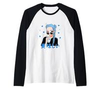 Cute Watercolor Japan Anime Girl Teens Boba Tea Hearts Blue Raglan Baseball Tee