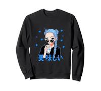 Cute Watercolor Japan Anime Girl teens Boba Tea hearts blue Sweatshirt
