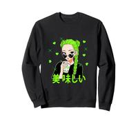 Cute Watercolor Japan Anime Girl teens Boba Tea hearts green Sweatshirt
