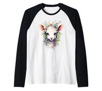 Cute Watercolor Lamb Floral Wreath Baby Sheep Art Raglan Baseball Tee