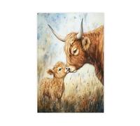 Cute Watercolor Nursery Room, Mama And Little Highland Cow, Kids Room, Mommy And Me, Beautiful Nursery Illustration, AI Modern Wall Prints Abstract Geometric Minimalist Art Framed Canvas Prints For Of