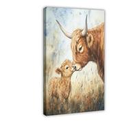 Cute Watercolor Nursery Room, Mama And Little Highland Cow, Kids Room, Mommy And Me, Beautiful Nursery Illustration, AI Poster Print Decorative Painting Canvas Wall Art Living Room Posters Bedroom Pai