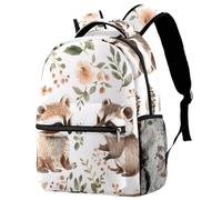 Cute Watercolor Raccoon and Hedgehog with Floral Backpack Rucksack for Girls Boys Schoolbag for Elementary Middle Students