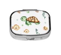 Cute Watercolor Sea Turtle Crab,Meta Pill Box 2 Compartment Medicine Case,Portable Organizer