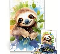 Cute Watercolor Sloth for Adults 1000 Piece Jigsaw Puzzle DownTime Game Indoor Play Fun Challenge Wall Accent (38x26cm)