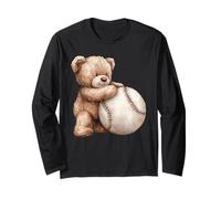 Cute Watercolor Teddy Bear Hugging Baseball Long Sleeve T-Shirt