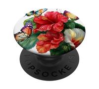 Cute Watercolor Tropical Hibiscus Flowers Floral Butterflies PopSockets Adhesive PopGrip