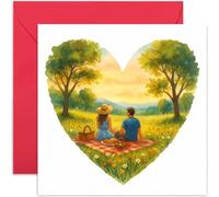 Cute Wedding Anniversary Card for Couple, Heart Shaped Artwork, Couple Picnic Design - Square Card, Blank Inside With Envelope