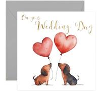 Cute Wedding Day Card for Couple - Daschund Sausage Dog Watercolour Heart Baloons Weddding Card for Mr and Mrs - Bride and Groom Wedding Cards | Blank Inside