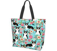 Cute Welsh Corgi Rose Floral Attern Tote Bag Large Casual Women Shoulder Handbags Reusable Grocery Bags for Work Shopping Travel Beach