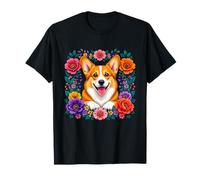 Cute Welsh Corgi Surrounded By Colorful Flowers T-Shirt