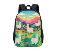 Cute White Alpaca Floral Stage 17 Inch Backpack for Kids Teens School Students Dreamy Cartoon Fantasy Print Bag (02)