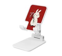 Cute White Bunny Holding Flowers Foldable Cell Phone Stand Adjustable Angle Height Desktop Portable Cellphone Cradle Compatible With All Smartphone White-Style