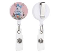 Cute White Bunny with A Blue Bow Retractable Badge Holder Reel Clip ID Card Holder for Doctor Nurse Student Office Worker