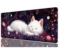 Cute White Cat Desk Mat Gaming Desk Pad Large Mouse Keyboard Pad Kawaii Purple Floral Cartoon Desktop Mats Computer Keyboard Pad Mouse Mat Laptop Mat Office Home Decor 31.5" x 11.8"