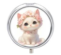 Cute White Cat Flower Pill Case Box with 3 Compartment Medicine Vitamin Organizer for Purse Pocket 5x5cm
