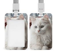 Cute White Cat ID Badge Holder with Lanyard Vertical Hanging Name Card Holder Detachable Name Tag Clips with ID Window Suitable for Nurse Teacher Office Use