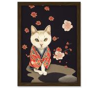 Cute White Cat In Red Kimono Sitting By Bed In Japan House Artwork Framed Wall Art Print A4 Artery8 Brown One Size