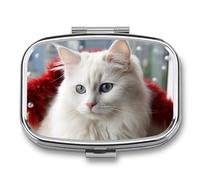 Cute White Cat Pill Box 2 Compartment, Portable Pill Case with Mirror for Pocket Purse Travel, Mini Metal Medicine Organizer for Vitamins Fish Oil