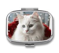 Cute White Cat Pill Box 2 Compartment - Small Metal Medicine Organizer Portable Pill Case for Purse Pocket Travel Vitamin Organizer for Men Women, BPA-Free