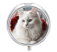Cute White Cat Pill Box Medicine Pill Organizer 3 Compartment Daily Pill Case Small Pill Container Round Pill Holder Travel Pill Box Metal Pill Case for Purse Pocket